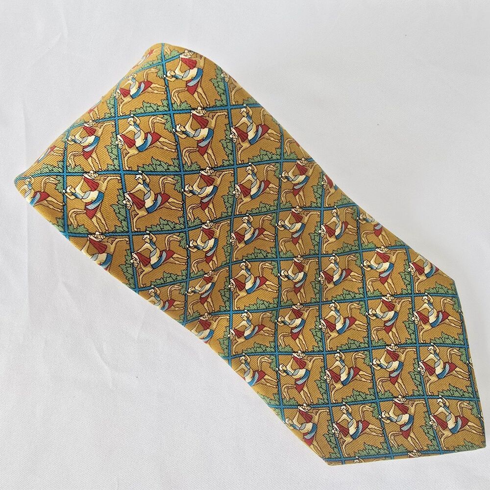 Duke's 100% Silk Tie - Horse Themed‎ In Green & Old Gold
